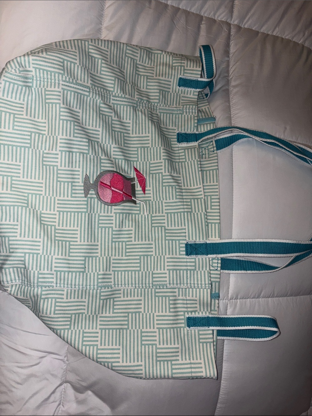 Striped Mint & White Tote Bag with Pink Fish Accent